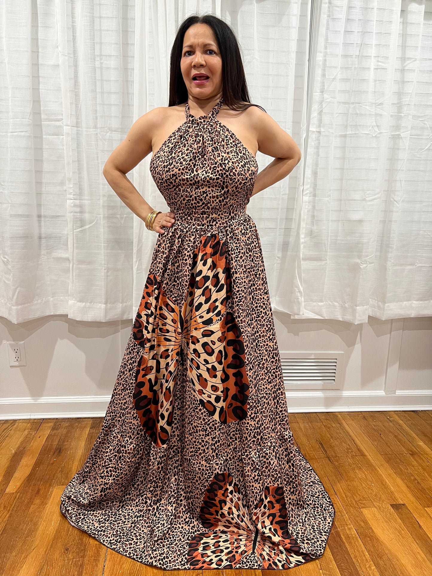 Leopard & Butterfly Printed Long Dress