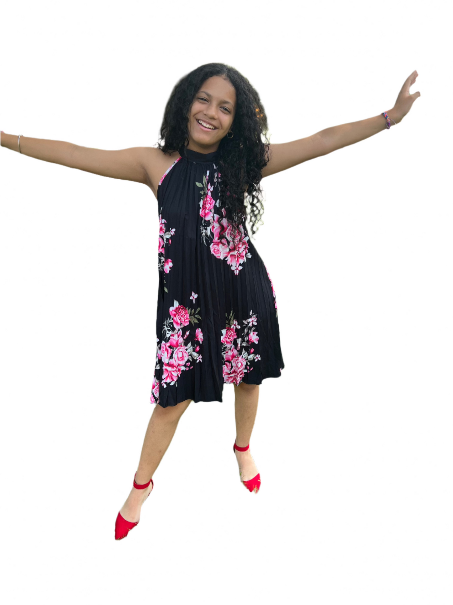 Effortless Elegance Floral Printed Sleeveless Dress with Fan Fold Design and Wide Flowy Hemline