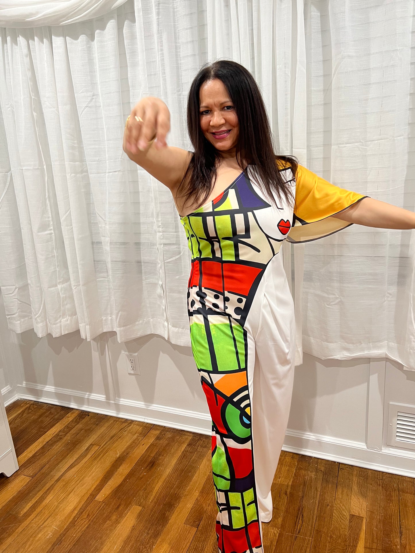 White & Hand-Printed One-Shoulder Jumpsuit