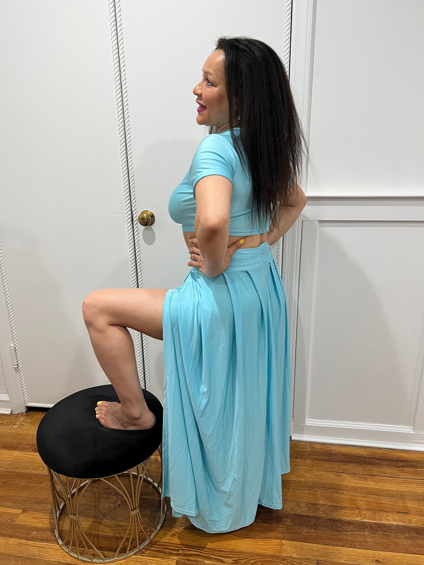 TWO PIECE OUTFIT SETS  SKIRT AND TOP SPLIT SKIRT SETS,  SHORT SLEEVE TOP