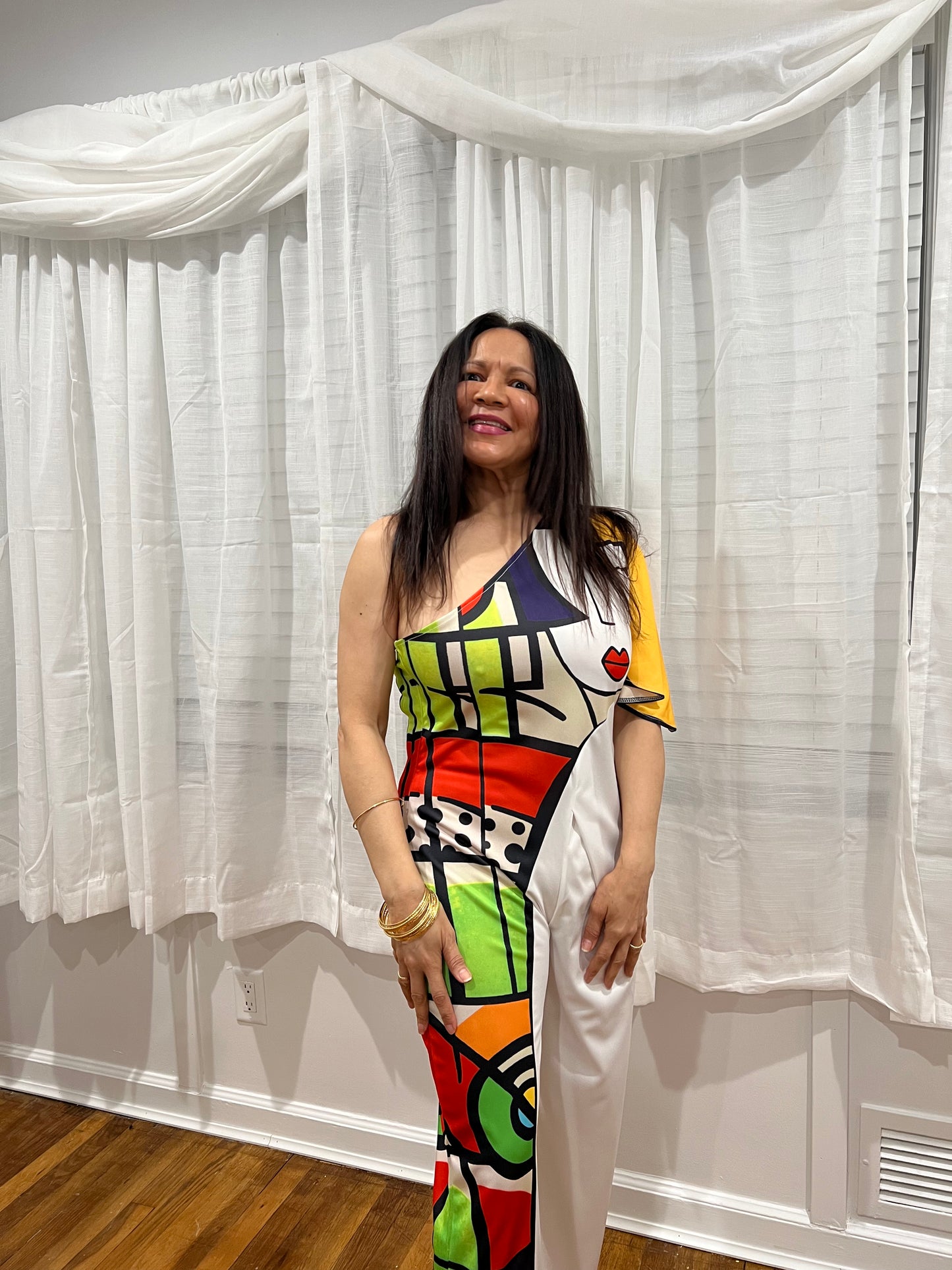 White & Hand-Printed One-Shoulder Jumpsuit