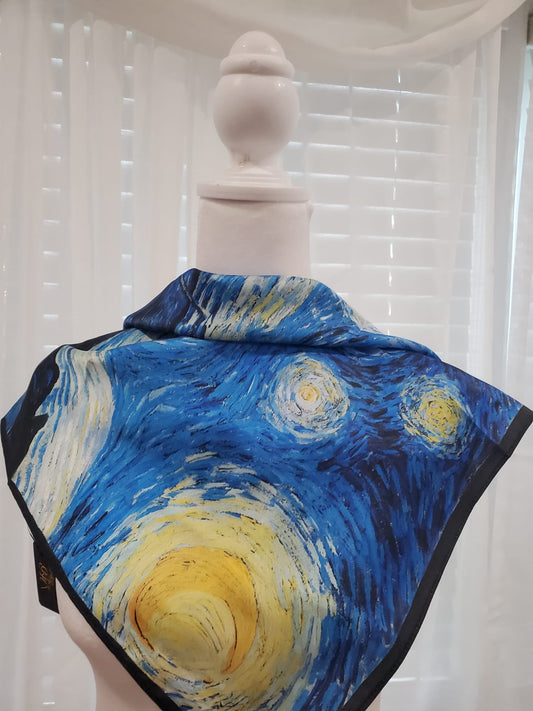 VANGOGH SILK PRINTED SCARF OCEAN BLUE AND SUNSET