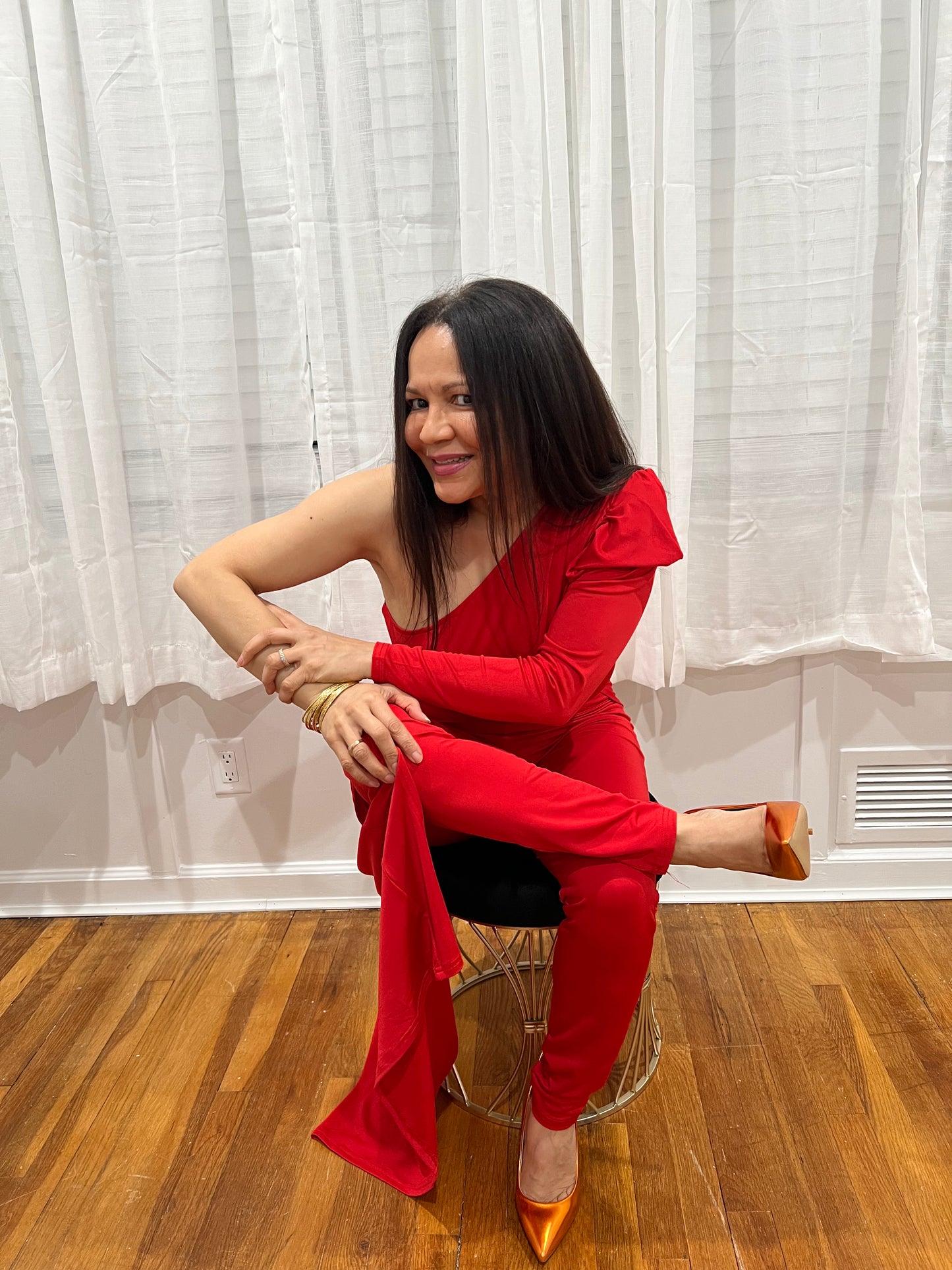 RED JUMPSUIT FOR ALL YEAR AROUND ONE SHOULDER, ONE LONG SLEEVE ONE SHOULDER OUT, SOPHISTICATE, BEAUTIFUL AND SEXY PIECE COLLECTION. GREAT FOR TRAVELING VERY LIGHT.