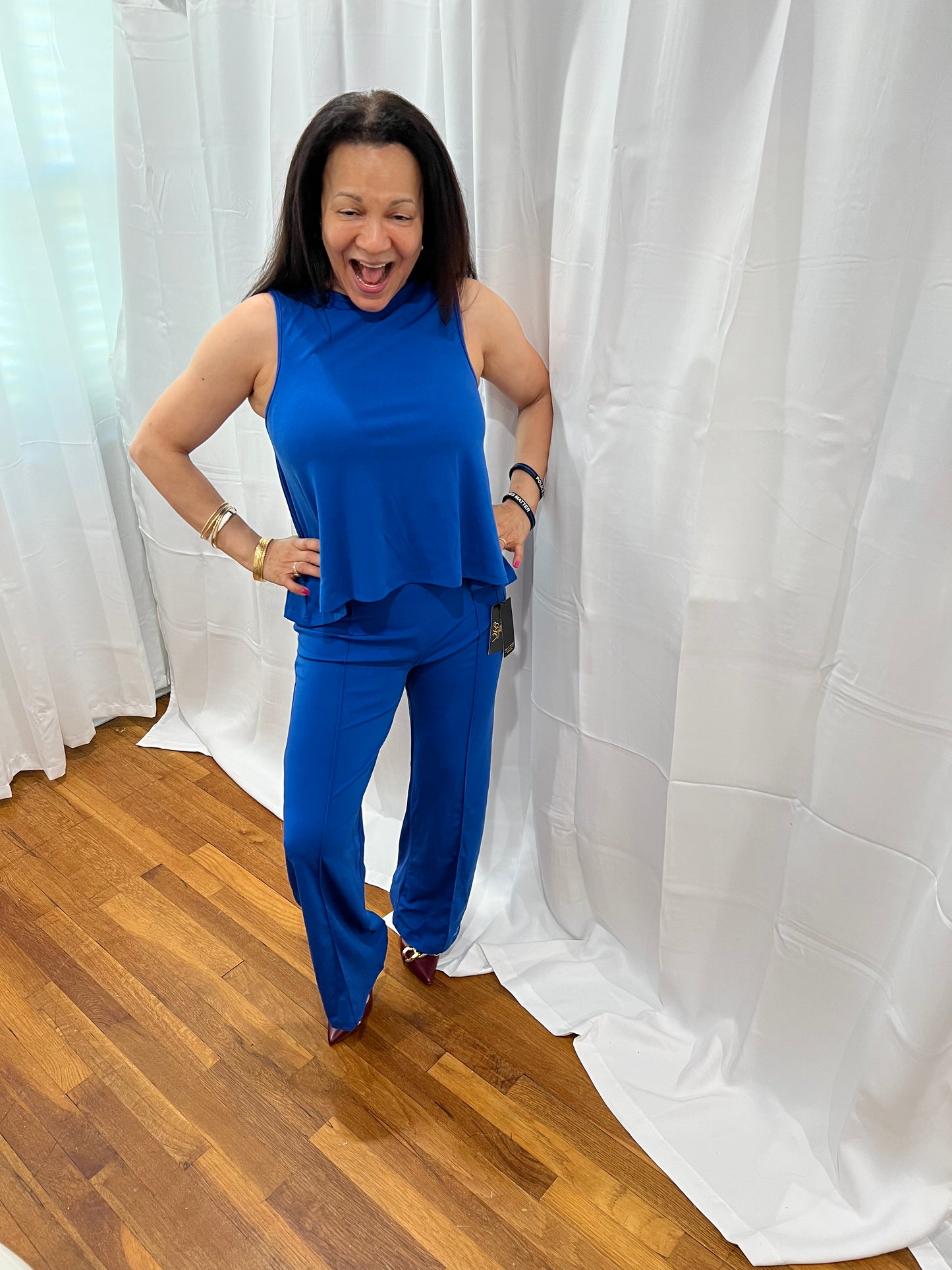 SETS OF LONG PANTS AND NON-SLEVEE TOPS. SOLID COLOR ELEGANT, CASUAL, AND FORMAL