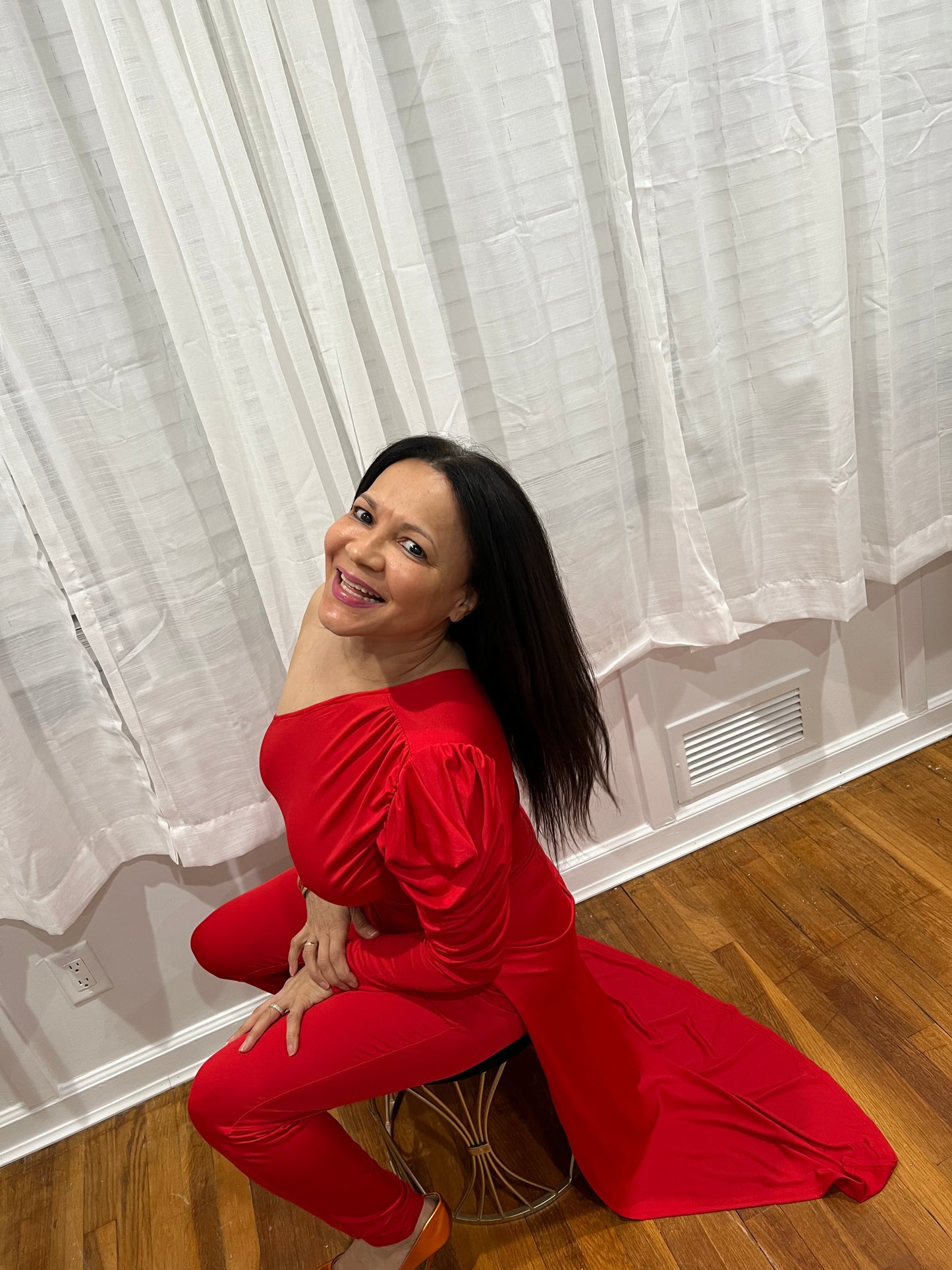 RED JUMPSUIT FOR ALL YEAR AROUND ONE SHOULDER, ONE LONG SLEEVE ONE SHOULDER OUT, SOPHISTICATE, BEAUTIFUL AND SEXY PIECE COLLECTION. GREAT FOR TRAVELING VERY LIGHT.