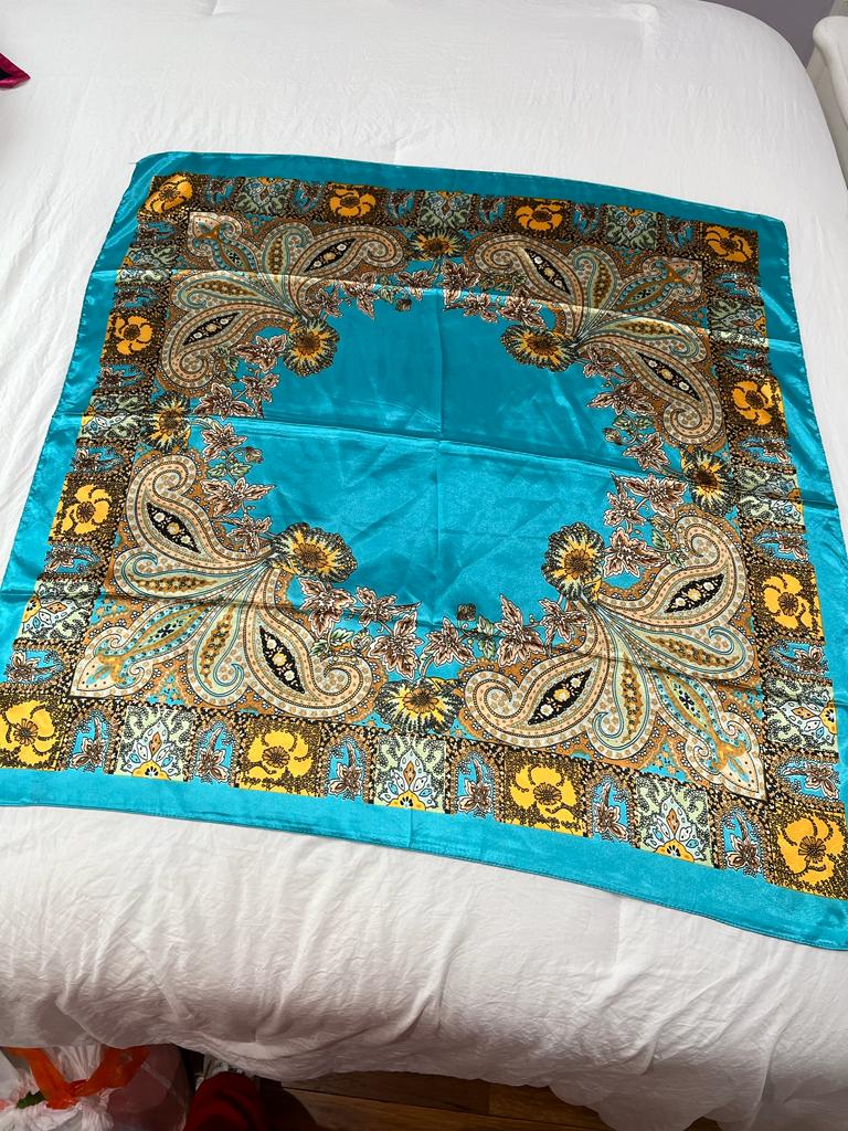 FLORAL ORIENTAL SILK SCARF, HOT PINK,GREEN AND BLUE YELLOW