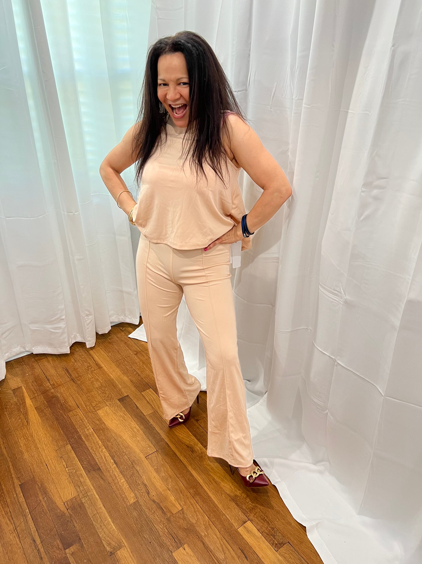 SETS OF LONG PANTS AND NON-SLEVEE TOPS. SOLID COLOR ELEGANT, CASUAL, AND FORMAL