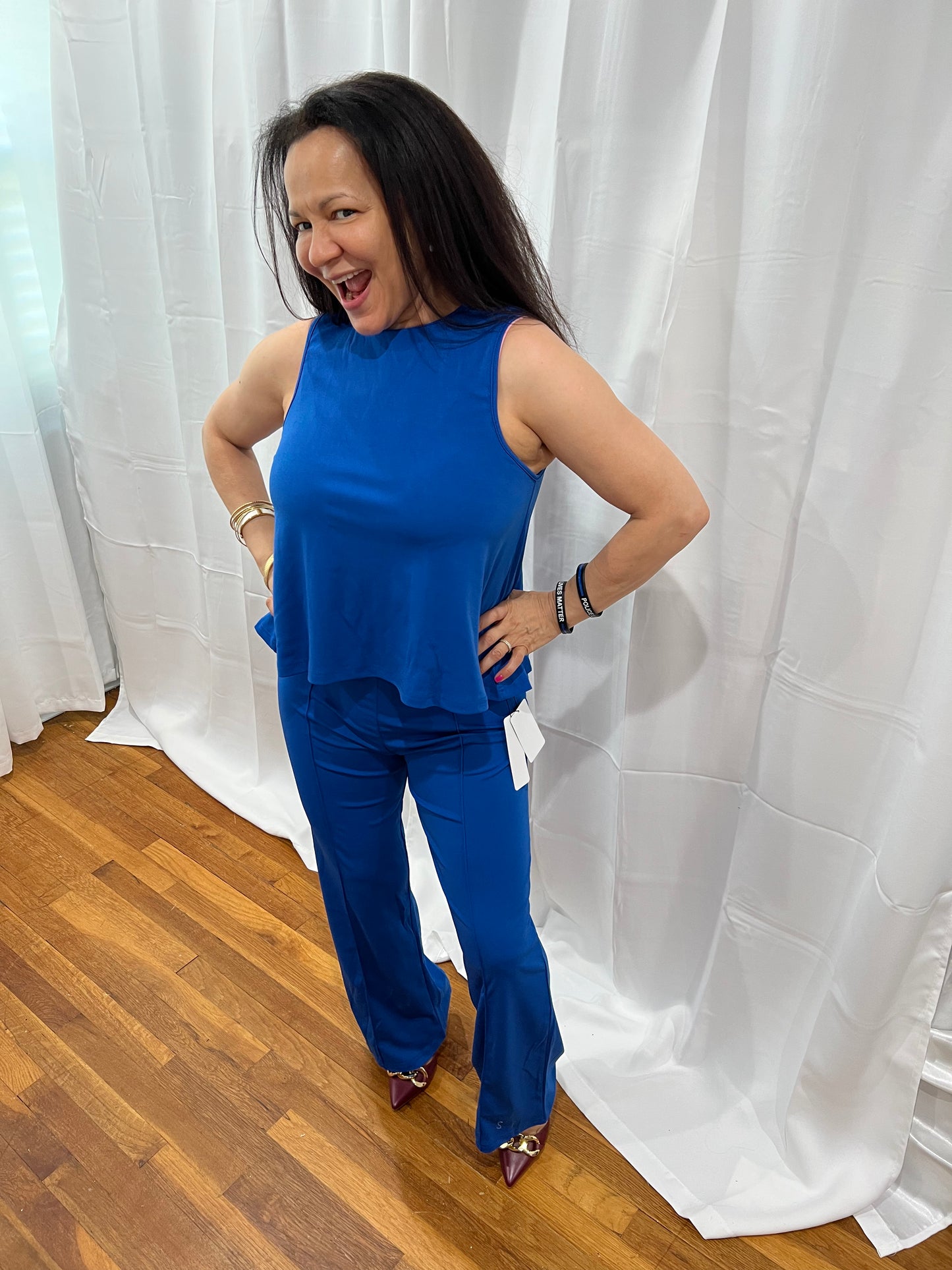 SETS OF LONG PANTS AND NON-SLEVEE TOPS. SOLID COLOR ELEGANT, CASUAL, AND FORMAL