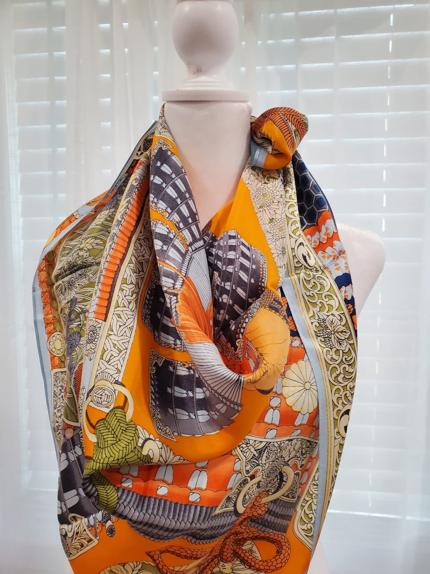 FLORAL ORIENTAL SILK SCARF, HOT PINK,GREEN AND BLUE YELLOW