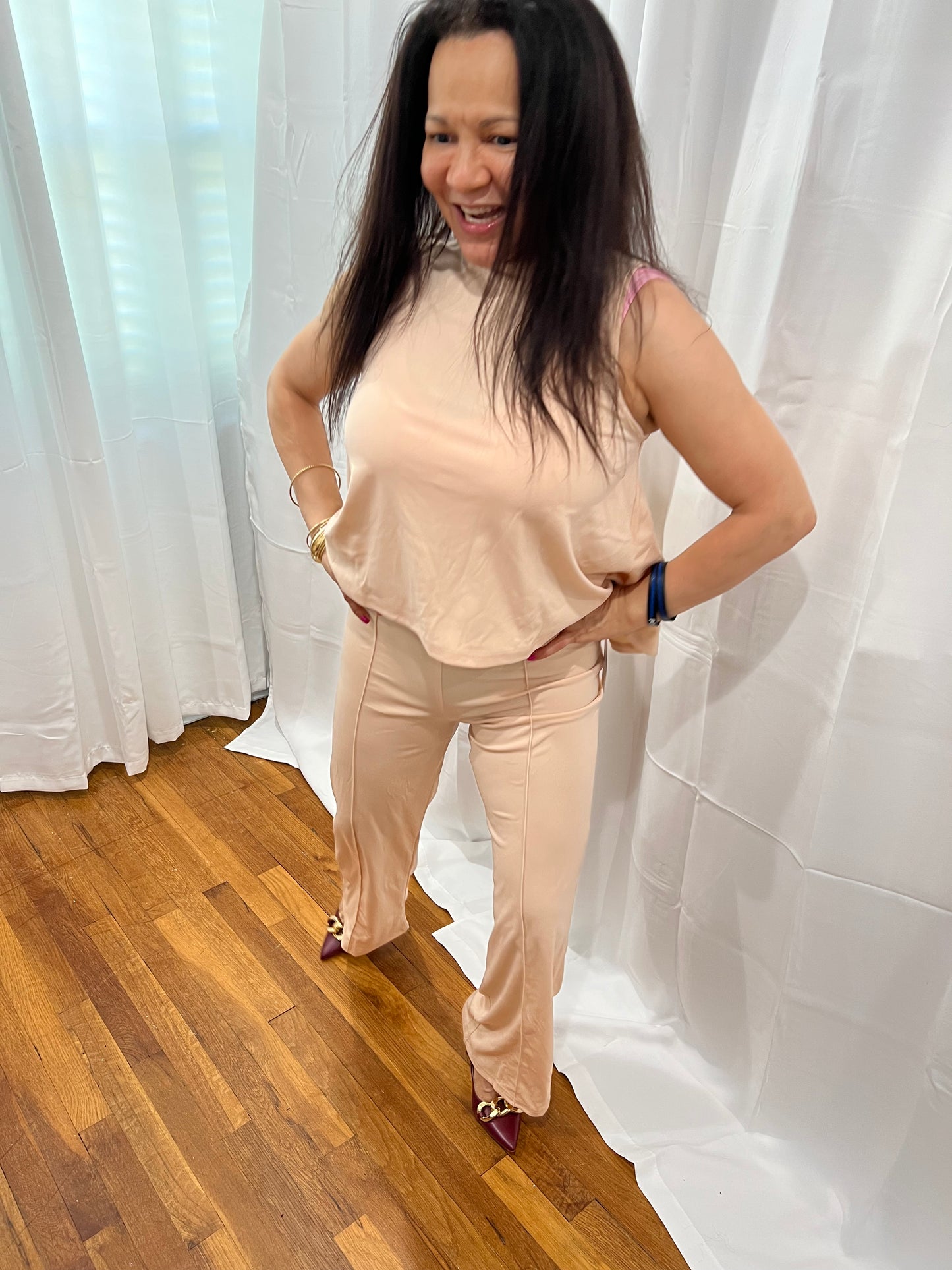 SETS OF LONG PANTS AND NON-SLEVEE TOPS. SOLID COLOR ELEGANT, CASUAL, AND FORMAL