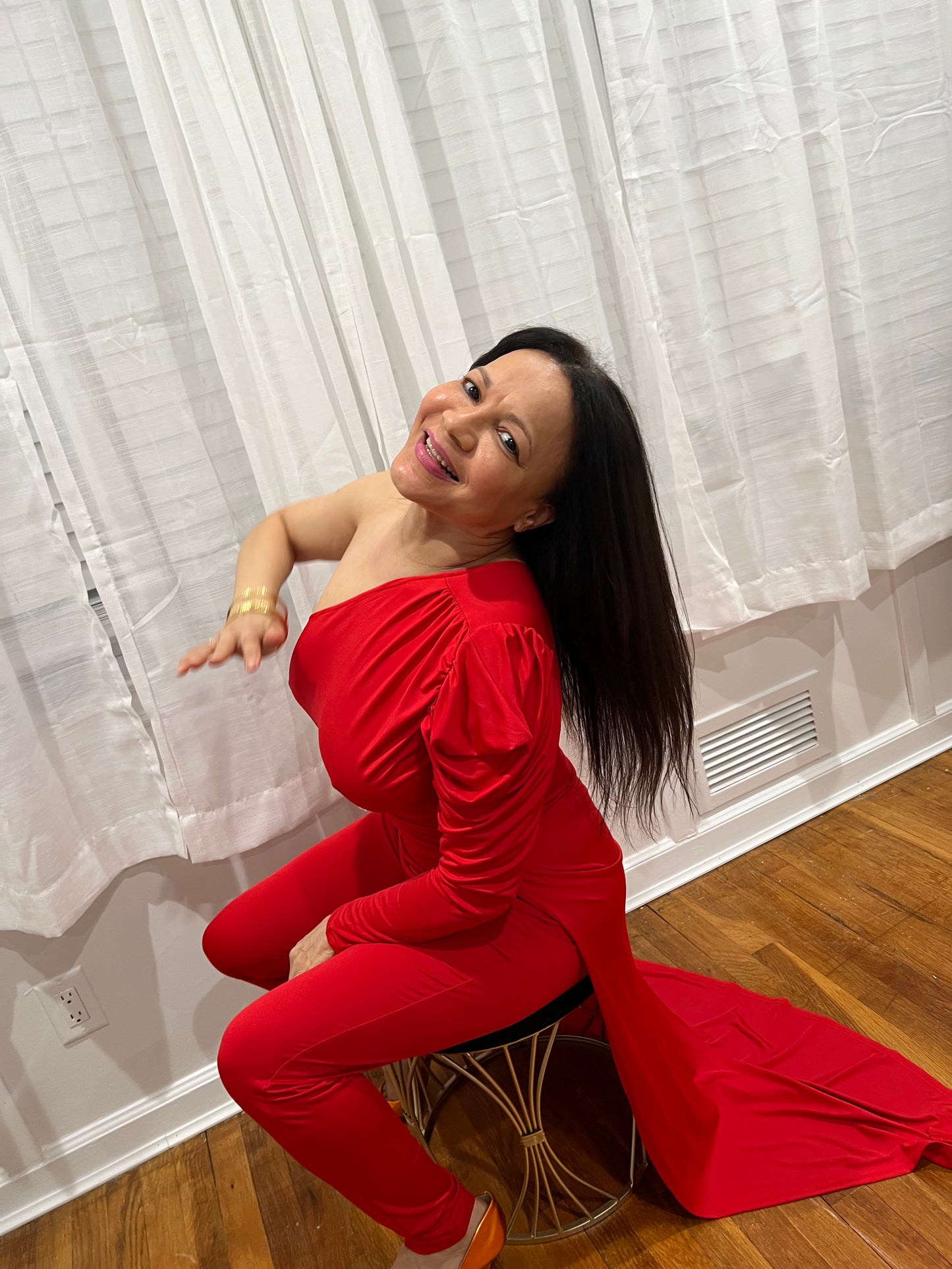 RED JUMPSUIT FOR ALL YEAR AROUND ONE SHOULDER, ONE LONG SLEEVE ONE SHOULDER OUT, SOPHISTICATE, BEAUTIFUL AND SEXY PIECE COLLECTION. GREAT FOR TRAVELING VERY LIGHT.
