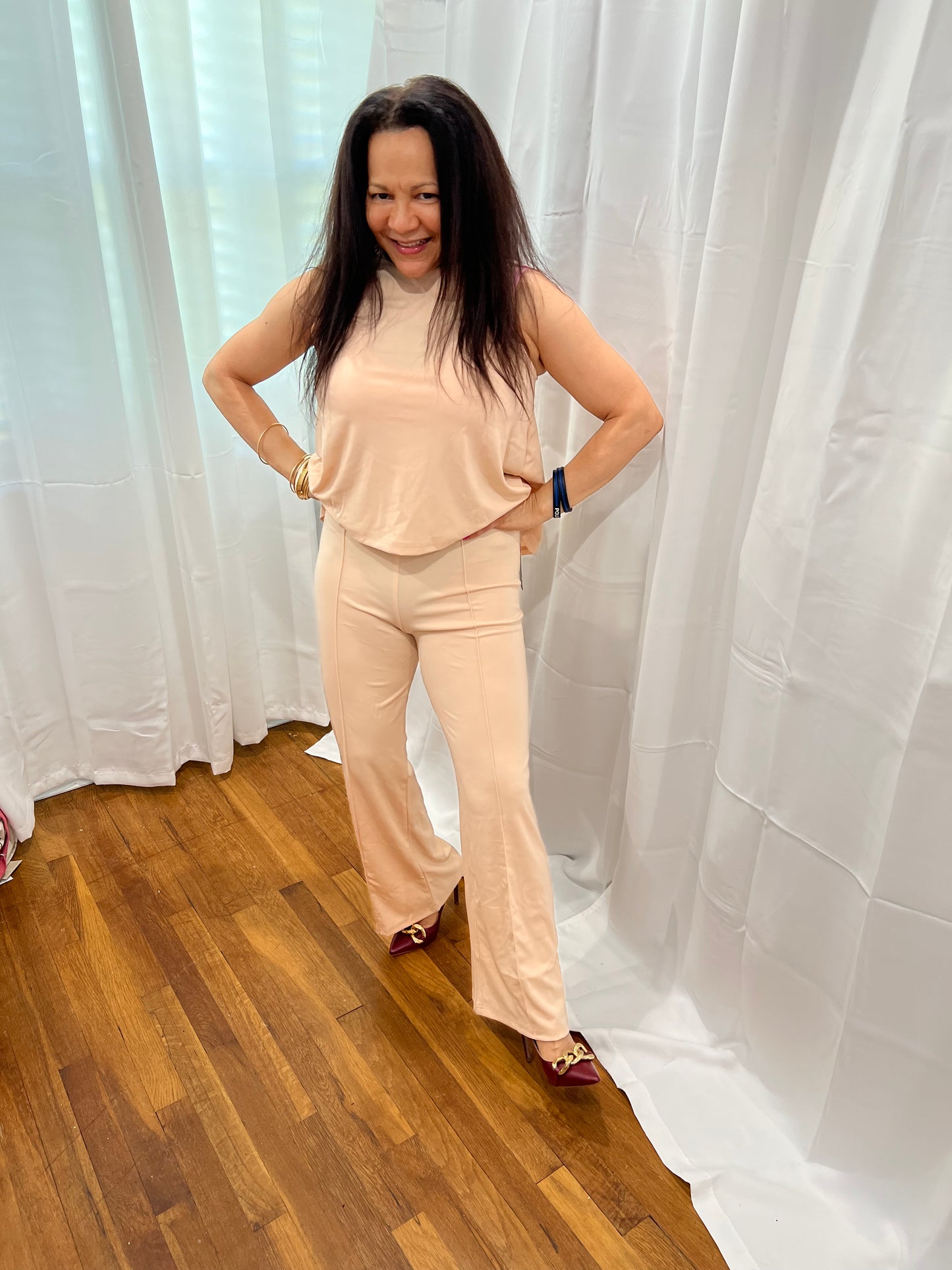 SETS OF LONG PANTS AND NON-SLEVEE TOPS. SOLID COLOR ELEGANT, CASUAL, AND FORMAL