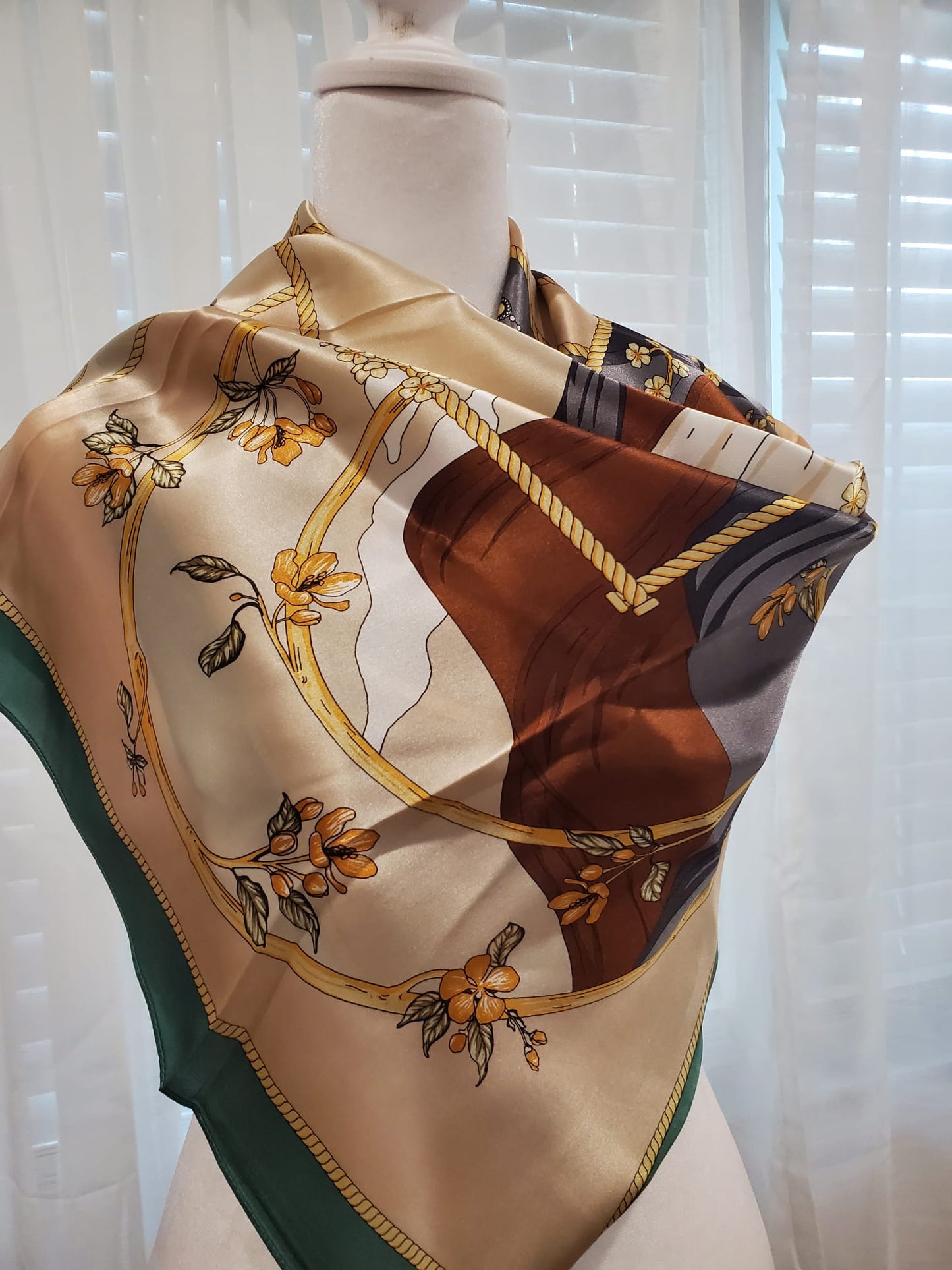 FLORAL ORIENTAL SILK SCARF, HOT PINK,GREEN AND BLUE YELLOW