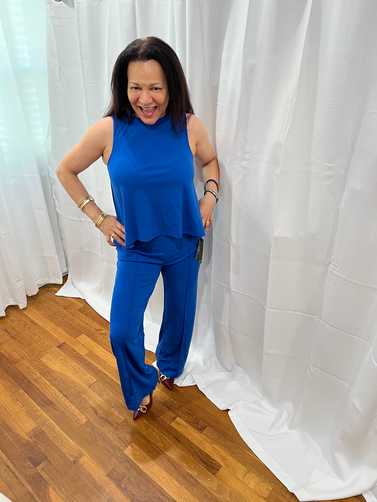 SETS OF LONG PANTS AND NON-SLEVEE TOPS. SOLID COLOR ELEGANT, CASUAL, AND FORMAL