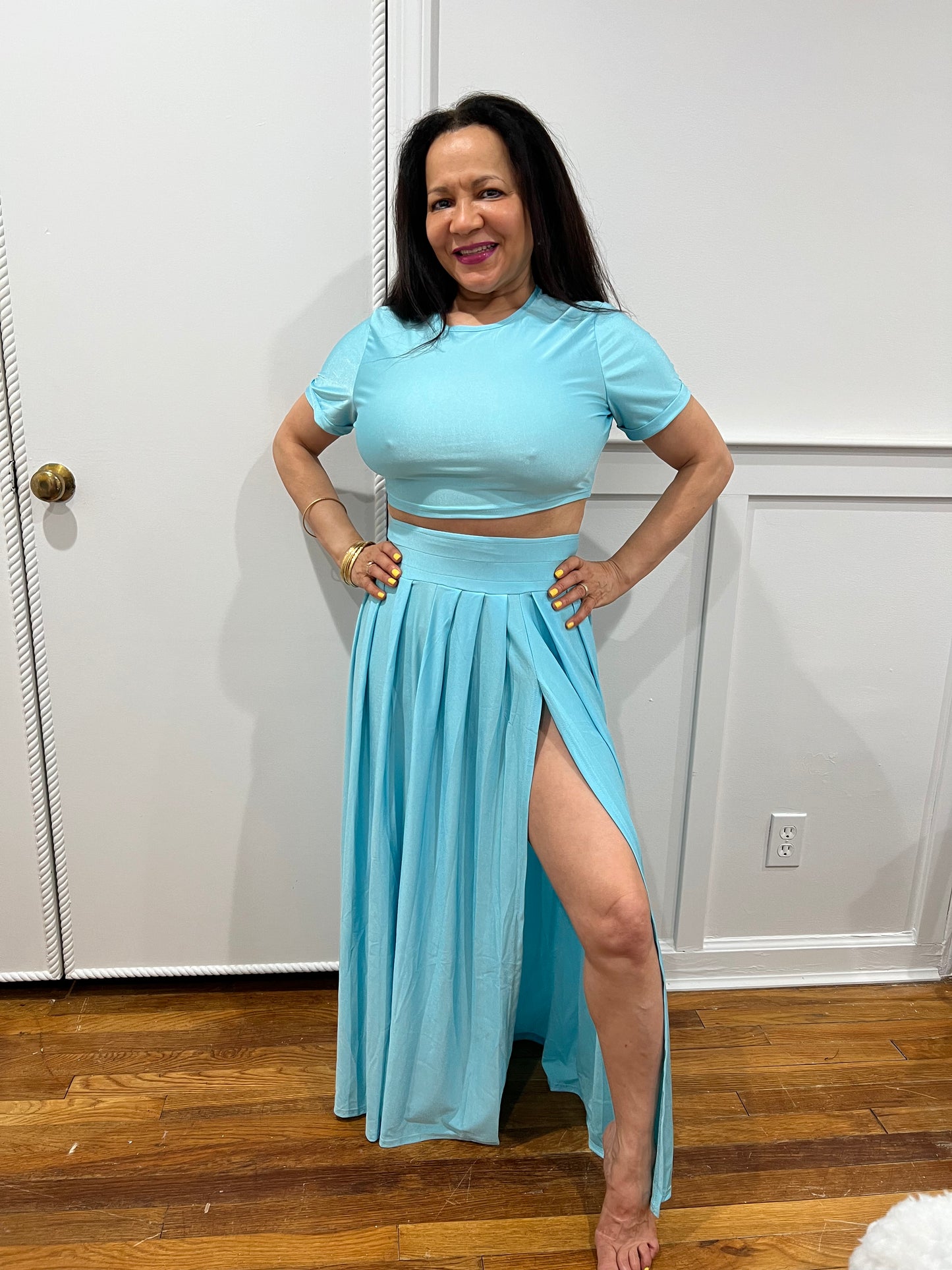 TWO PIECE OUTFIT SETS  SKIRT AND TOP SPLIT SKIRT SETS,  SHORT SLEEVE TOP