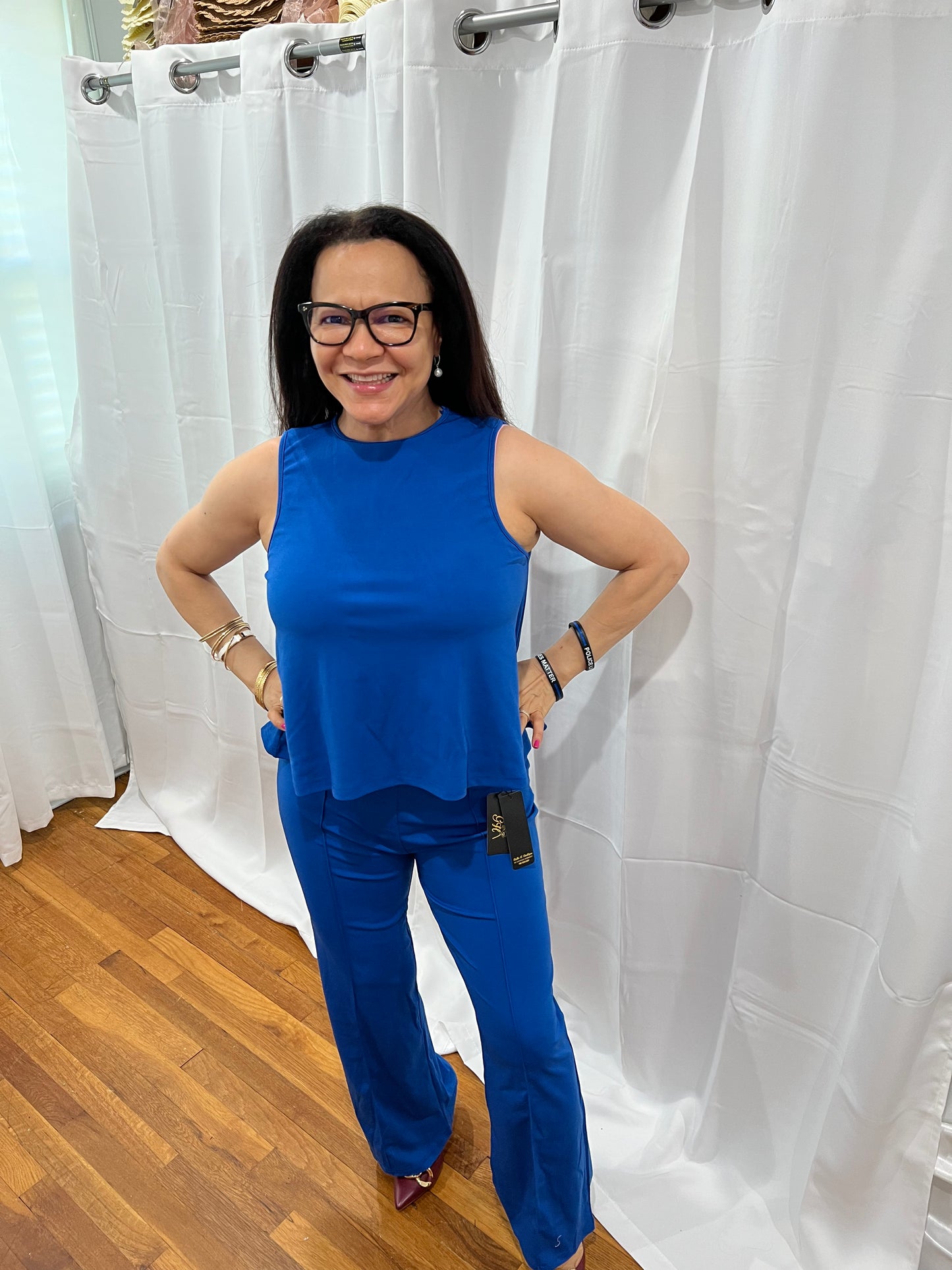 SETS OF LONG PANTS AND NON-SLEVEE TOPS. SOLID COLOR ELEGANT, CASUAL, AND FORMAL