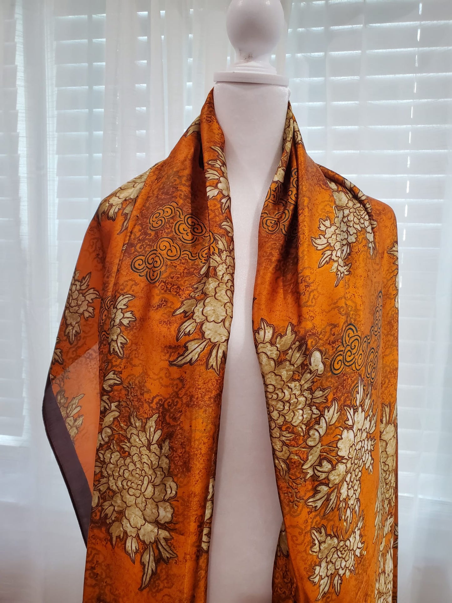 FLORAL ORIENTAL SILK SCARF, HOT PINK,GREEN AND BLUE YELLOW