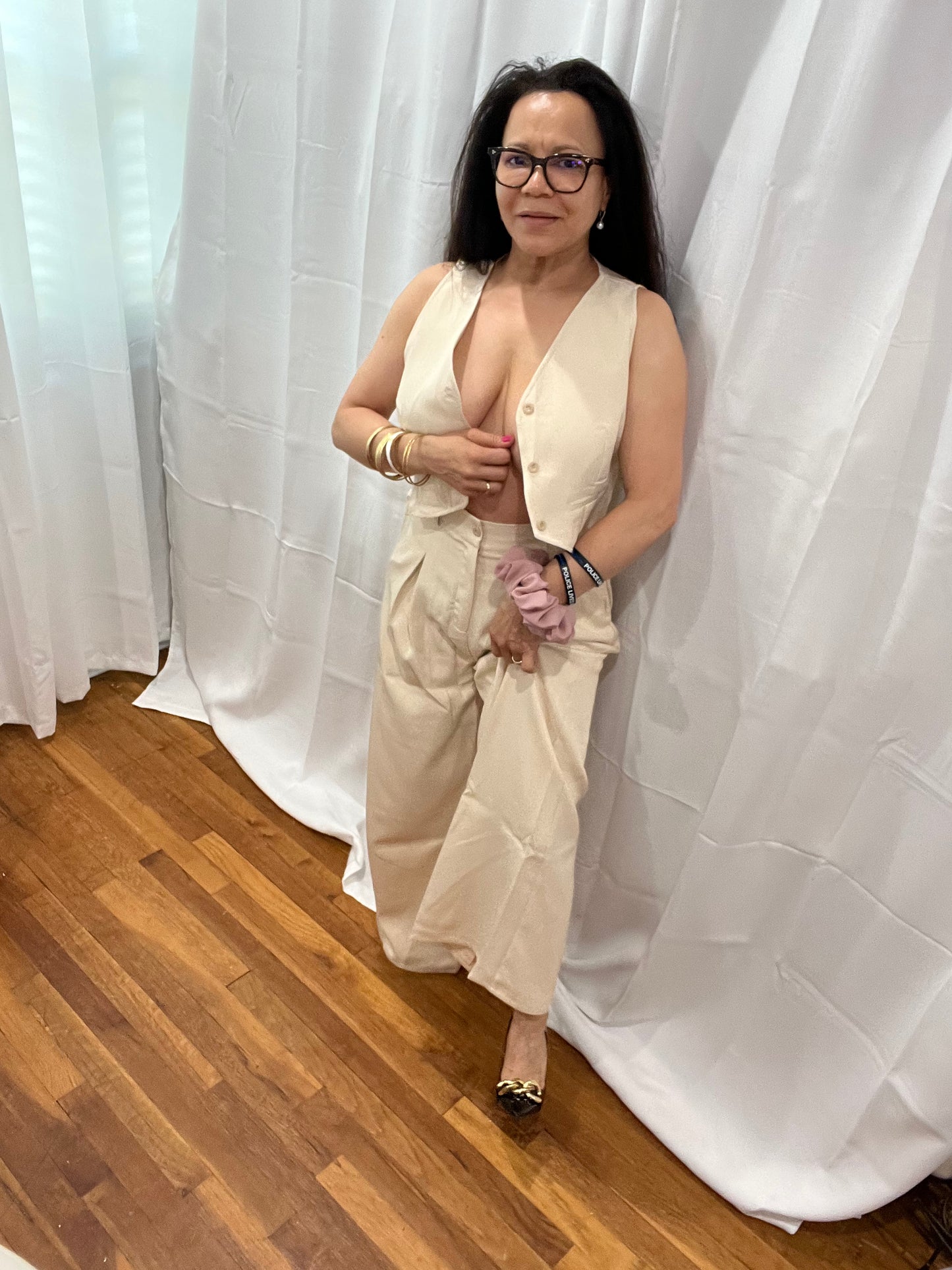 PANTS SETS WITH TOP VEST. ELEGANT AND LIGH/HIGH WAITS/V-NECK