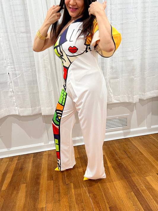 White & Hand-Printed One-Shoulder Jumpsuit