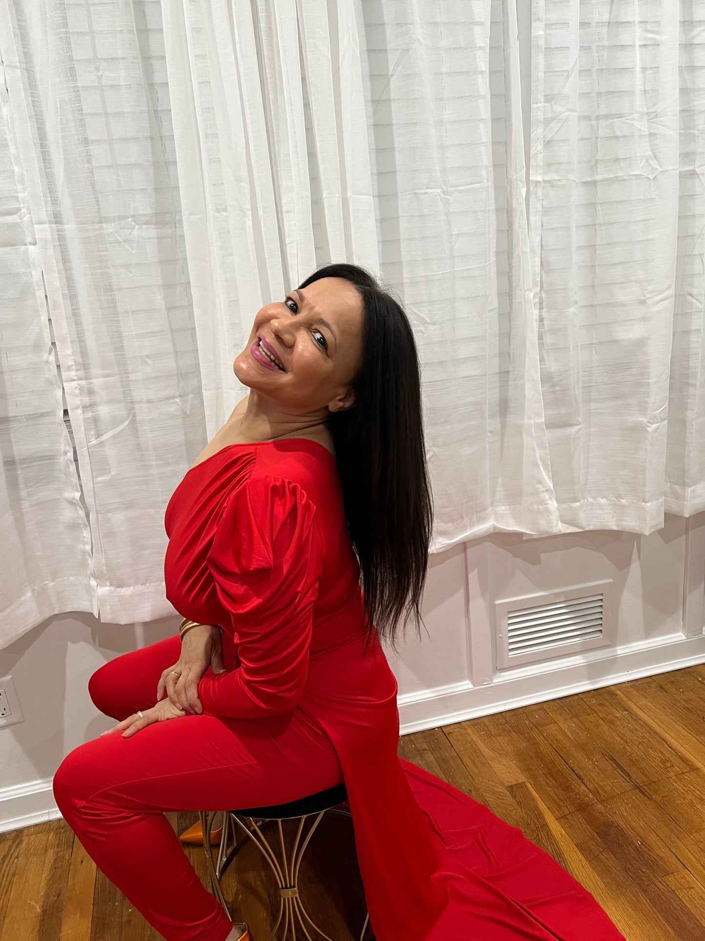 RED JUMPSUIT FOR ALL YEAR AROUND ONE SHOULDER, ONE LONG SLEEVE ONE SHOULDER OUT, SOPHISTICATE, BEAUTIFUL AND SEXY PIECE COLLECTION. GREAT FOR TRAVELING VERY LIGHT.