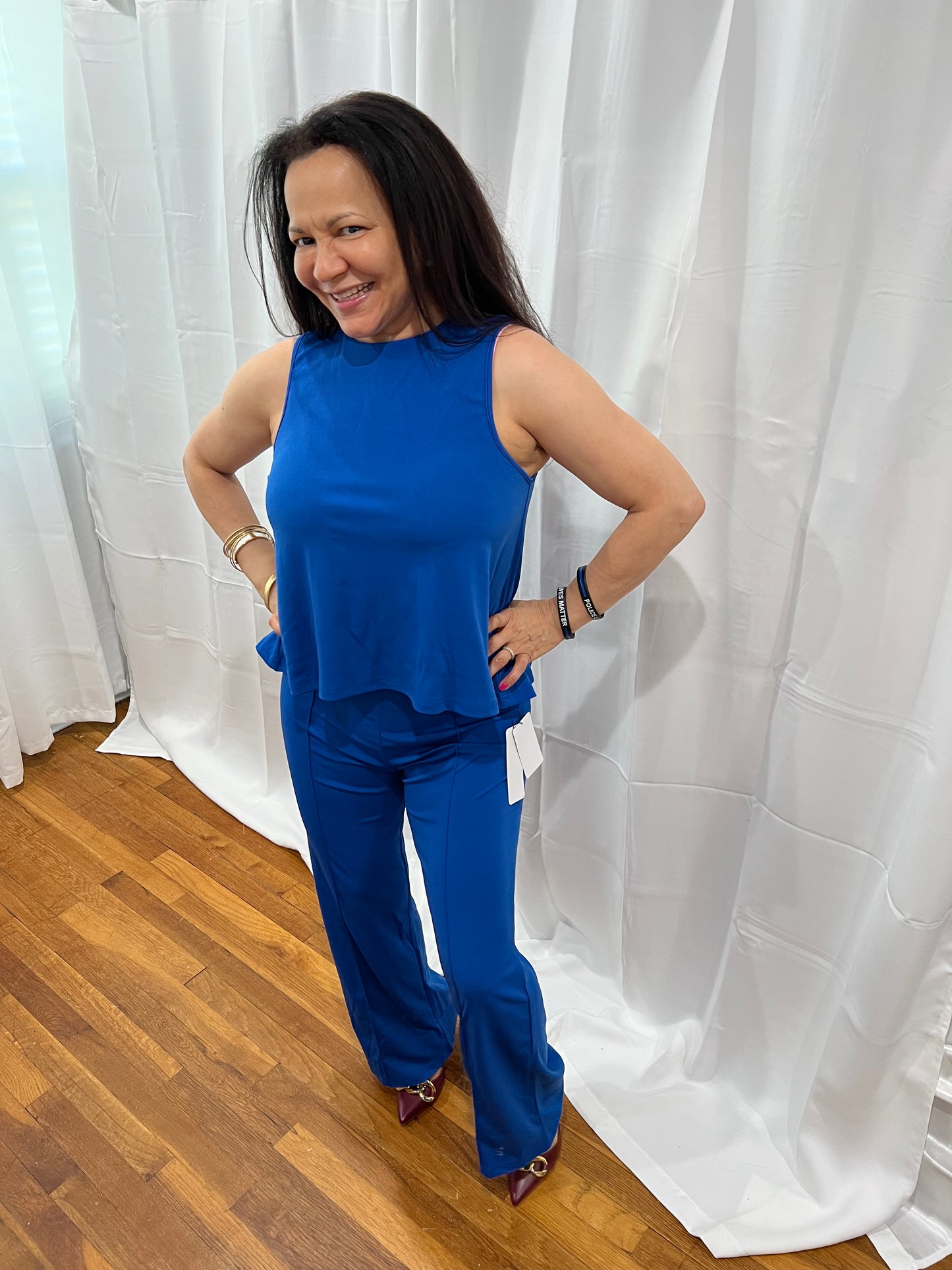 SETS OF LONG PANTS AND NON-SLEVEE TOPS. SOLID COLOR ELEGANT, CASUAL, AND FORMAL