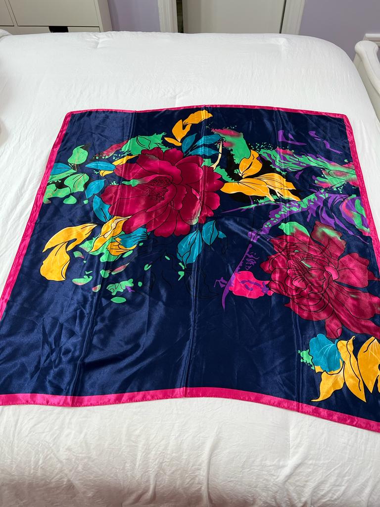 FLORAL ORIENTAL SILK SCARF, HOT PINK,GREEN AND BLUE YELLOW