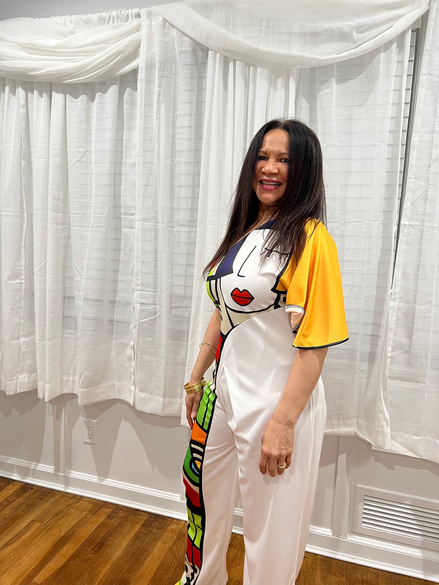 White & Hand-Printed One-Shoulder Jumpsuit