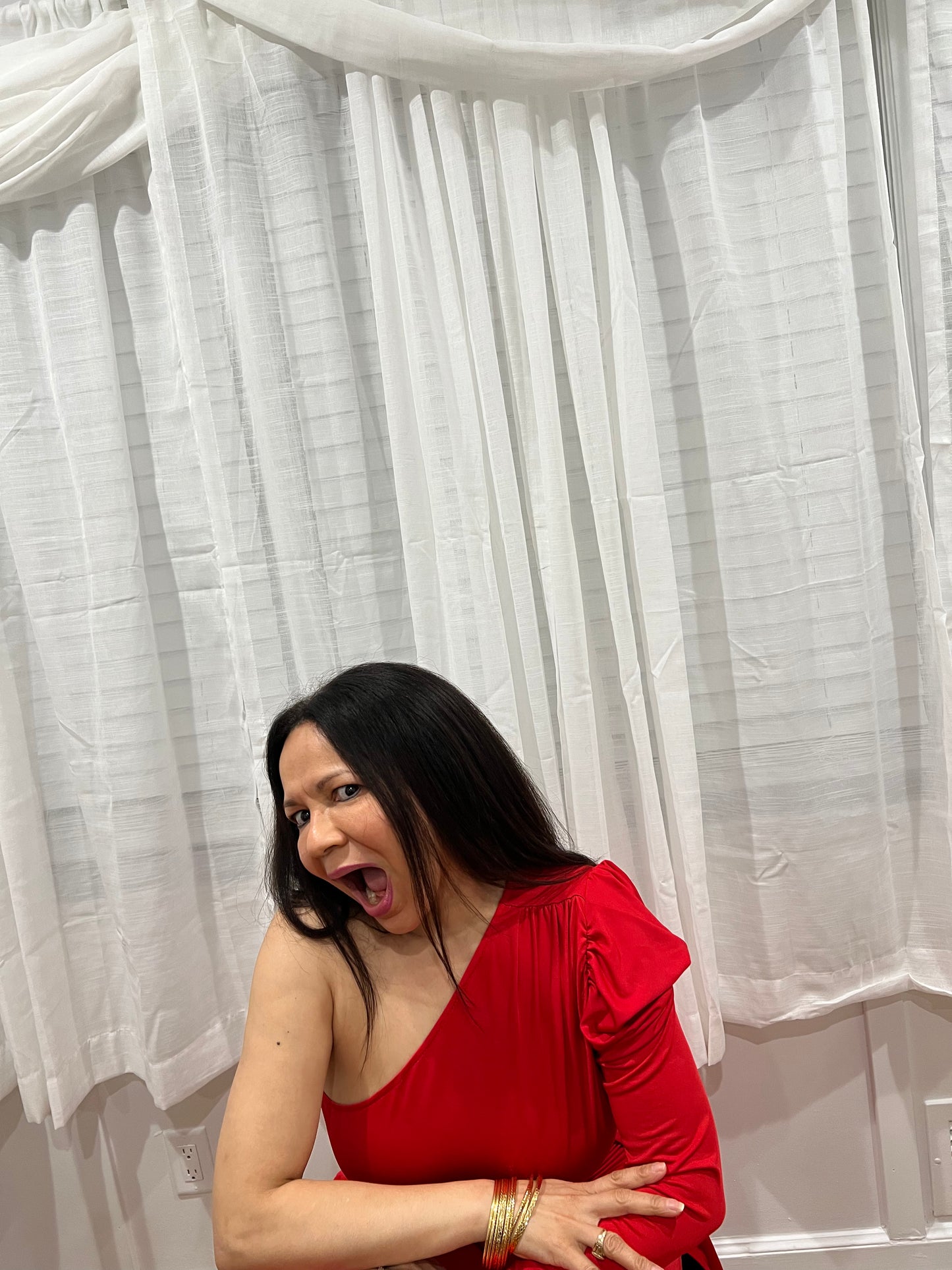 RED JUMPSUIT FOR ALL YEAR AROUND ONE SHOULDER, ONE LONG SLEEVE ONE SHOULDER OUT, SOPHISTICATE, BEAUTIFUL AND SEXY PIECE COLLECTION. GREAT FOR TRAVELING VERY LIGHT.